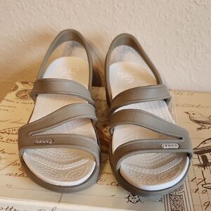 CROCS Women’s Taupe Strappy Slide Sandals with White Footbeds